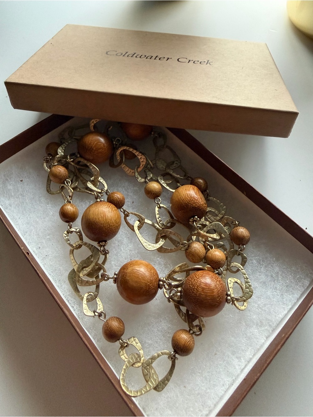 Coldwater Creek Gold-Tone Link Necklace with Warm Brown Wood Beads